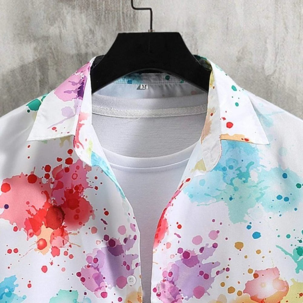 White Vacation Style Men's Splatter Paint Shirt - Picture 6 of 8